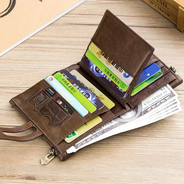 (image for) BULLCAPTAIN Mens Retro Genuine Leather Wallet RFID Anti-thef Multicard Slot Wallet Card Holder Double Zipper Coin Purse Cowhide Leather Wallet
